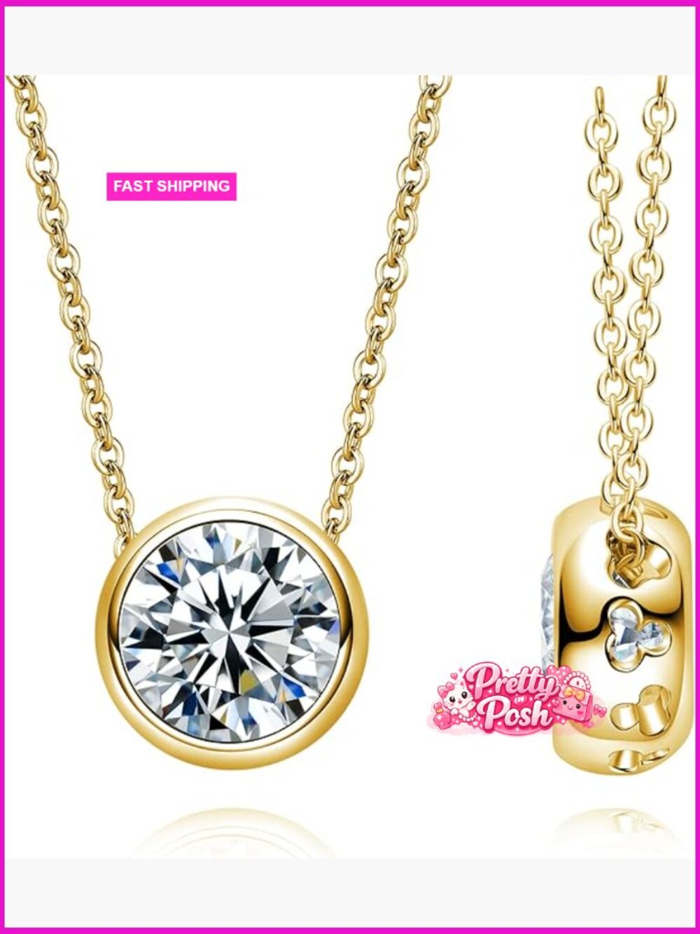 2ct Moissanite Bezel Pendant Necklace Platinum-Plated Sterling Silver Chain